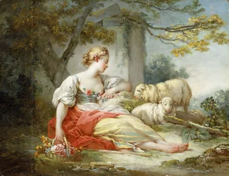 En herdinna som sitter med får och en korg med blommor nära en ruin i ett skogslandskap,