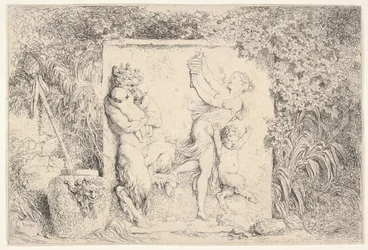 En basrelief föreställande en satyr till vänster som håller två spädbarn, en annan barnsatyr till höger..., 1763.