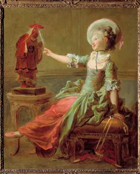 En ung flicka roar sig med en kinesisk staty som drar henne i håret. Målning av Jean Honoré Fragonard (1732-1806), 1700-talet, privat samling