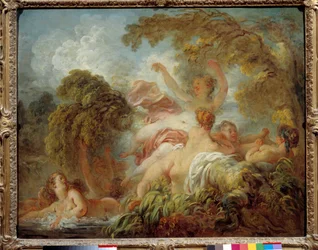 Badande kvinnor. Grupp av nakna unga kvinnor som badar. Målning av Jean Honoré Fragonard (1732-1806), 1700-talet. Sol. 0,64 x 0,8 m