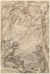 Don Quijote och Sancho Panza bevittnar attacken mot Rocinante