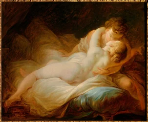 Erotik: ”Ögonblicket av begär” eller ”Lyckliga älskande”. Ett par som kysser varandra i en säng. Målning av Jean Honoré Fragonard (1732-1806), 1700-talet. Privatsamling