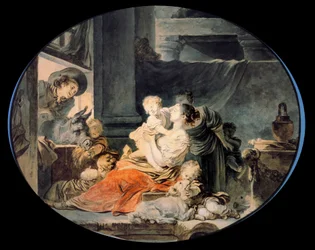 Lycklig familj Stor familj av bönder. Målning av Jean Honore Fragonard (1732-1806) 1700-talets Paris, Musee Cognacq Jay