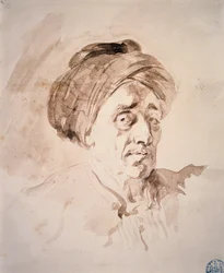 Huvud med turban Teckning i tvätten av Jean Honore Fragonard (1732-1806). 1700-talets Besançon. Museum of Fine Arts