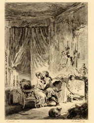 Jean de la Fontaine (1621 - 1695). "" Sagor. The prayer of Saint Julien”, illustration av Fragonard (1732 - 1806). Teckning.