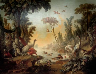 Landskap med Echassiers Panel av Salon Demarteau realiserad av Jean Baptiste Huet (1745-1811) och Jean Honore Fragonard (1732-1806)