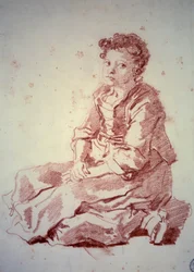 Liten flicka sitter på hälarna Sanguine av Jean Honore Fragonard (1732-1806) 1774 Besançon, Musee des Beaux Arts