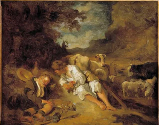 Mercury och Argus Charge av Juno för att hålla Io förvandlad till en ko, Argus (Argos) somnade. Utklädd till en herde predikar Mercury att döda honom för att befria Jupiters älskade nymf. Målning av Jean Honore Fragonard (1732-1806) efter Karel Fabritius (
