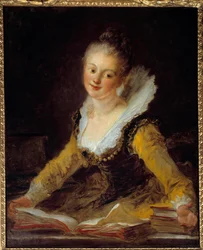 Studie. En kvinna har sitt kontor och bläddrar i böcker för att lära sig. Målning av Jean Honore Fragonard (1732-1806)