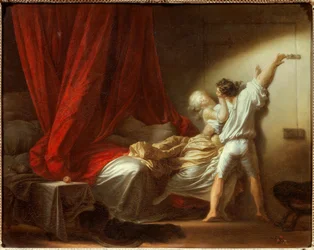 Regeln i den romantiska scenen, som skildrar en ung man som hindrar sin älskarinna i sängen från att lämna sovrummet. Målning av Jean-Honoré Fragonard (1732-1806), 1700-talet. Mått 0,73 x 0,93 m.