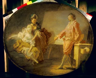 Början av modellen En ung modell blyg att inte våga bli. Målning av Jean Honore Fragonard (1732-1806). Paris. Jacquemart Andre-museet