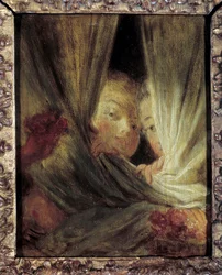 De nyfikna Två små flickor som spionerar bakom gardinerna. Målning av Jean-Honore Fragonard (1732-1806) 1700-talets sön. 0,16x0,12 m.