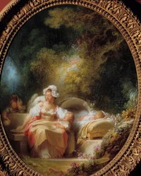 Den goda mamman En ung mamma omgiven av sina barn i en trädgård. Målning av Jean Honore Fragonard (1732-1806)