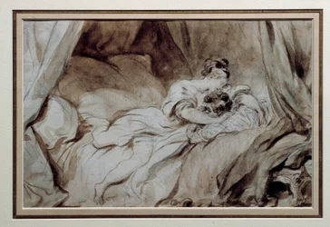 Det lyckliga ögonblicket Ett par som strök varandra i en säng. Ritning i Bistre Wash av Jean Honore Fragonard (1732-1806) Privatsamling från 1700-talet