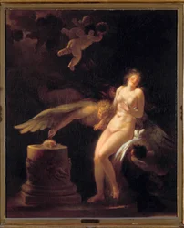 Rosens offer. En naken ung kvinna framför ett offeraltare där en ros (hennes oskuld?) och en bevingad varelse ligger. Målning av Jean Honoré Fragonard (1732-1806). 1700-talet. Privat samling