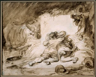 Stallet Ett par omfamnar på en höstack. Teckning i tvätten av Jean Honore Fragonard (1732-1806) Paris. Musee Cognacq Jay