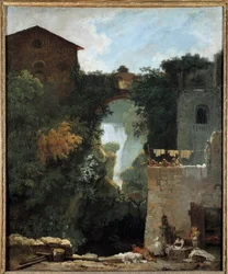 Vattenfallen i Tivoli Des lavandieres i ett landskap av vattenfall. Målning av Jean-Honore Fragonard (1732-1806) 1700-talets sön. 0,72x0,6 m.