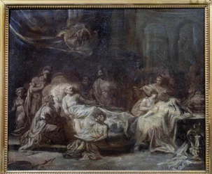 Testamentet Familjen återförenades runt en gammal man med vånda som dikterade hans vilja. Förberedelseteckning av Jean Baptiste Fragonard (1732-1806) 1700-talets Reims, Musee des Beaux Arts