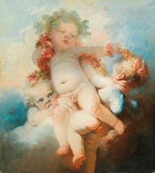 Tre putti kransade med blommor.