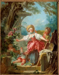 Två ungdomar som leker och leker. Målning av Jean Honore Fragonard (1732-1806) 1751