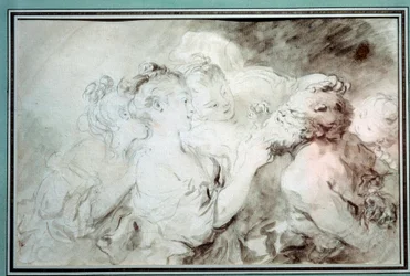 Unga flickor som brottas med en satyr Unga kvinnor har roligt med en satyrskägg. Ritning i Bistre Wash av Jean Honore Fragonard (1732-1806) Privatsamling från 1700-talet