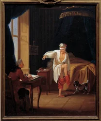 Författaren och filosofen Voltaire (1694-1778) dikterar för sin sekreterare Collini en Ferney-målning av Jean Huber (1721-1786) 1700-talets Sun. 0,37 x 0,31 m Paris Musee Carnavalet
