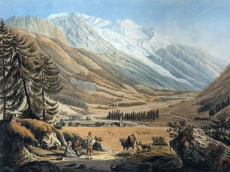 vy över Chamonixdalen, från byn Argentiere av Jean Daniel Huber under resa ca 1785 (gravyr)