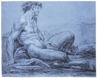 En sittande faun, ca 1755-57 (svartvit krita på blått papper)