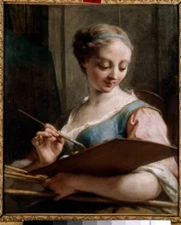 Allegori av målning En ung kvinna som håller en palett. Målning av Jean Restout (1692-1768) 1700-talet sön. 0,54x0,45 m Saint Quentin, Musee Lecuyer
