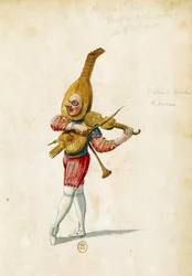Kostymskiss av Jean Berain den äldre (1640-1711) till Le feste di Amore e di Bacco (Kärlekens och Bacchus fest), balett av Jean-Baptiste Lully (1632-1687), framförd på Palais-Royal i Paris den 15 november.