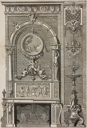 Öppen spis, av Jean Berain (1640-1711), gravyr av Scotin Aine från L