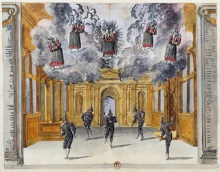 Scenografi av Jean Berain den äldre (1640-1711) för Le feste di Amore e di Bacco (Kärlekens och Bacchus firande), balett av Jean-Baptiste Lully (1632-1687), framförd på Palais-Royal i Paris, 15 november