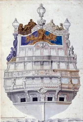 Dekoration av aktern på skeppet Le Soleil Royal”” Akvarell av Jean I Berain (1640-1711) Sön. 0,6x0,4 m Paris, Louvren