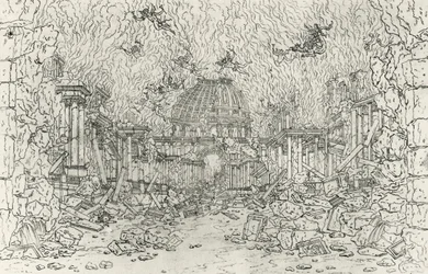 Förstörelse av byggnaden, skiss av Jean Berain (1640-1711), för Armide, av Jean-Baptiste Lully (1632-1687), Frankrike