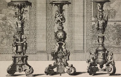 Stora bronsljusstakar, gravyr av Jean Berain (1640-1711) från L