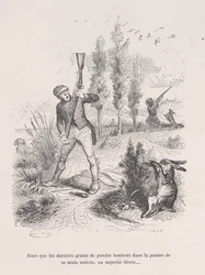 Medan de sista krutkornen faller i handflatan på hans svärtade hand, en ståtlig hare... fr..., 1843.