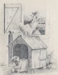 Hund i hundkoja, tupp gal vid fönstret, cirka 1842.