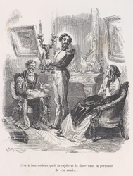 Det är bra att han lockar och smickrar henne inför sin man. från Lilla Miseri..., 1843.