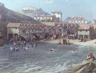 Början av havssimning i den gamla hamnen i Biarritz, 1858 olja på duk detalj från 175215