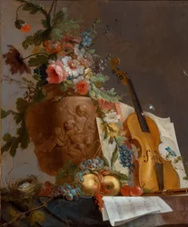 Stilleben med blommor och en fiol, ca. 1750