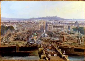 Revolutionen 1848: Concordfest den 21 maj 1848, avgår från Place de la Concorde för arbetarföretag som går till Champs de Mars. Målning på marouflpapper av Jean Jacques Champin (1796-1860) 1848 Dim. 0,31 x 0,44 m. Paris, Musée Carnavalet