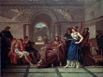 Helena känner igen Telemachos, Odysseus son. Scen ur den grekiska mytologin, i Homeros Odysséen (slutet av 700-talet f.Kr.). Målning av Jean Jacques Lagrenée (1739-1821)