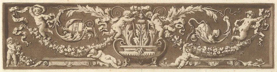 Prydnadsfris med putti, akantusblad och girlander av frukt, från Recueil de Diff..., 1784.
