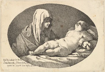 Jungfrun till vänster tittar på spädbarnet Kristus när han sover, en oval sammansättning, efter ..., 1760-63.