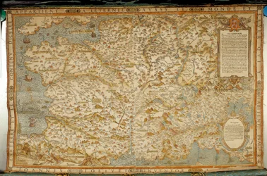 Geografisk karta över gallerna som visar gränserna mot Tyskland och Italien. Realiserad av kartografen Jean Jolivet (1500-talet)