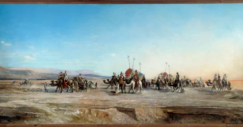 Letar efter en camping karavaner av nomader och kameler i öknen. Målning av Jean Joseph Bellel (1816-1898) Montpellier från 1800-talet, Musee Fabre - Letar du efter ett läger. Nomadiska karavaner och kameler i öknen. Målning av Jean Joseph Bellel (1816-189