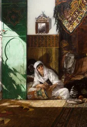 Interiör från ett harem i Marocko, detalj: kvinna som spelar derbouka