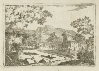 Flodlandskap med hus och torn