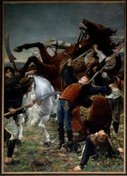Franska revolutionen: ”Joseph Baras död (1779-1793)”. Joseph Bara eller Barra (1780-1793) var en barnehjälte under franska revolutionen som kämpade i Vendée för republiken. Målning av Jean Joseph Weerts (1849-1927), 1883. Olja. 3,50 x 2,50 m. Paris, Musée