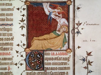 Döden av St. Vincent av Zaragoza i 304 Miniatyr hämtad från "Paris Breviarium" känt som Breviary of Charles V illustrerad av Jean Le Noir (man. lat. 1052, fol. 326);